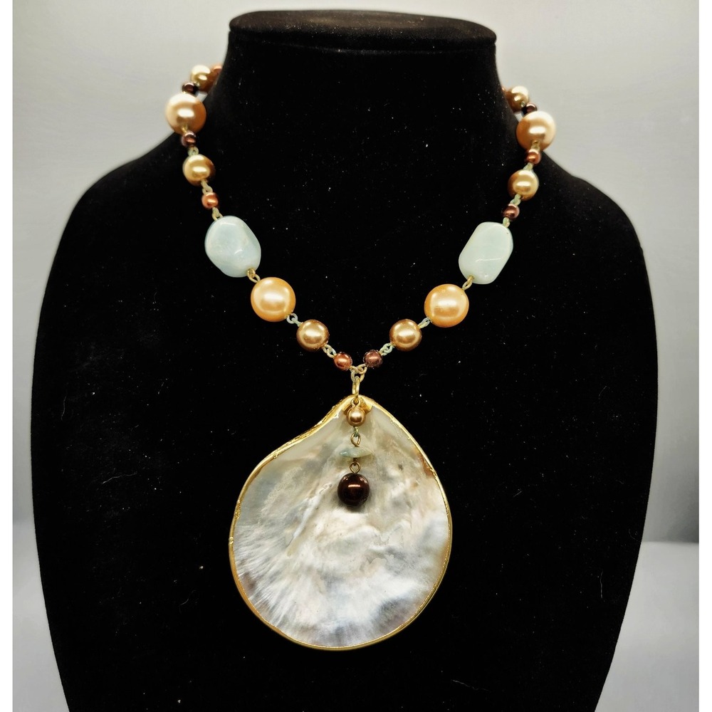 Statement Shell Beaded Necklace Gold Tone Multi-Color Peach Blue Brown Adj